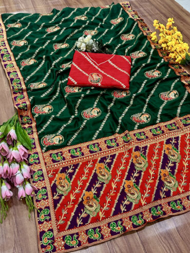 Green Premium Dola Silk Panetar Saree with Embroidery and Diamond Work