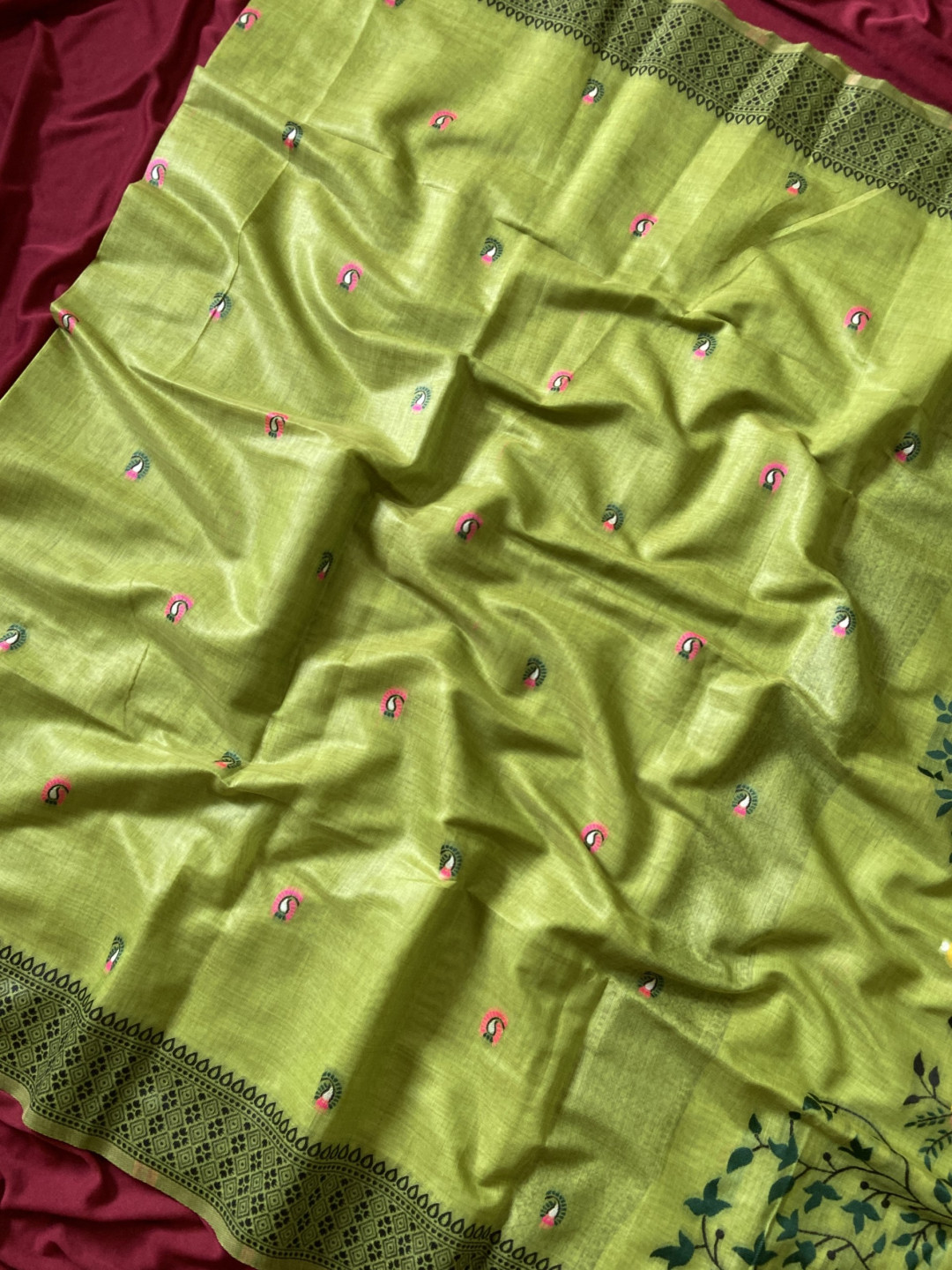 Green Muga Cotton Jamdani Saree with 3D Peacock Woven Pallu - Image 5