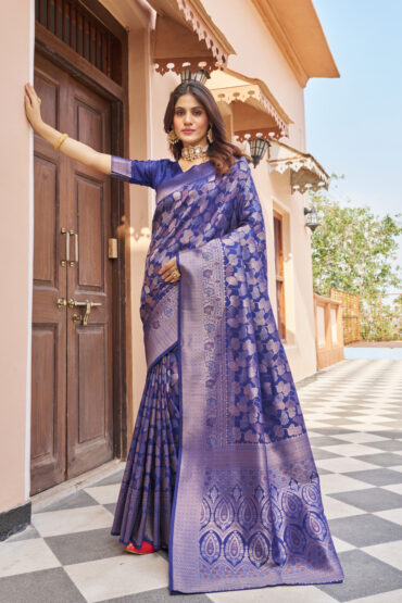 Navy Blue Kanjivaram Silk Saree with Zari Weaving Work