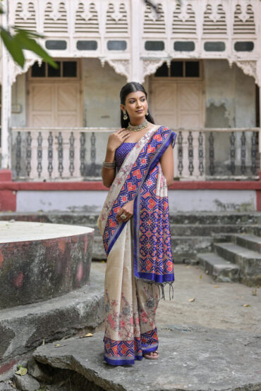 Blue Soft Tussar Silk Saree with Patola Printed Work