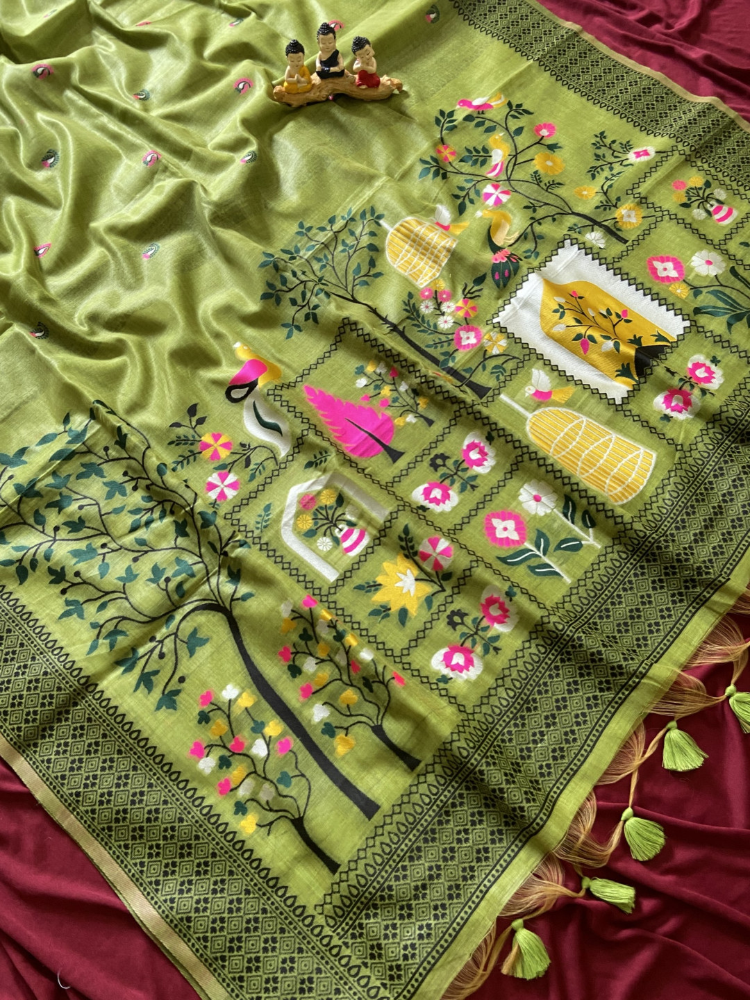 Green Muga Cotton Jamdani Saree with 3D Peacock Woven Pallu - Image 4