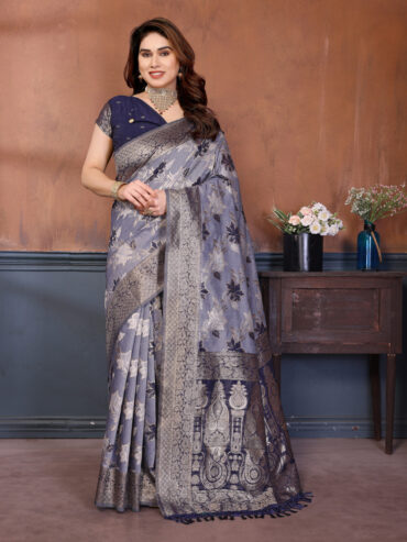 Blue Spun Cotton Saree with Beautiful Zari Weaving Work