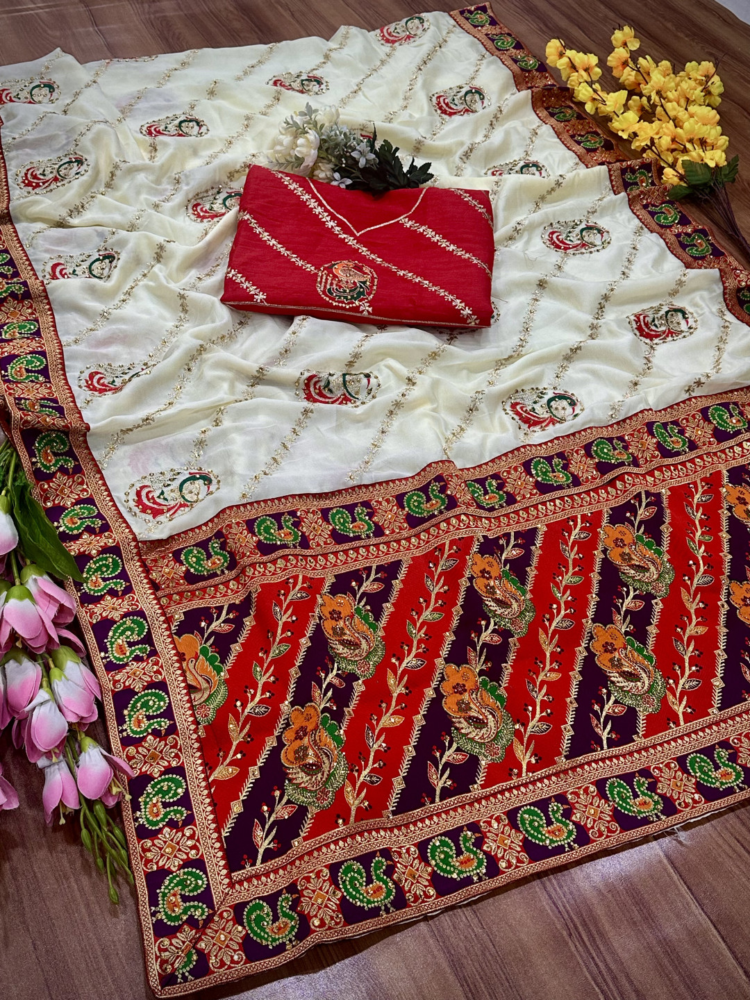 White Premium Dola Silk Panetar Saree with Embroidery and Diamond Work - Image 3