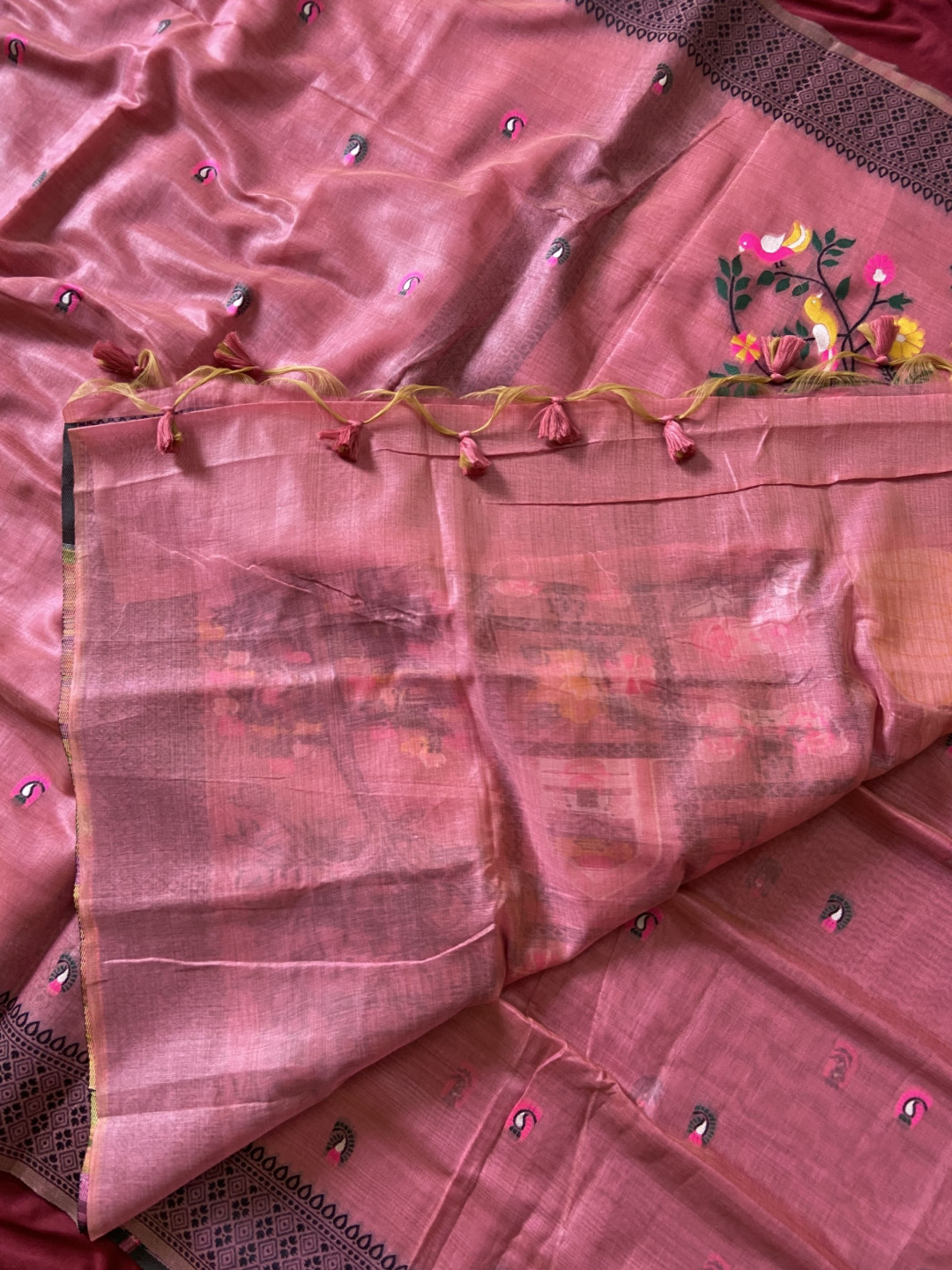 Pink Muga Cotton Jamdani Saree with 3D Peacock Woven Pallu - Image 5