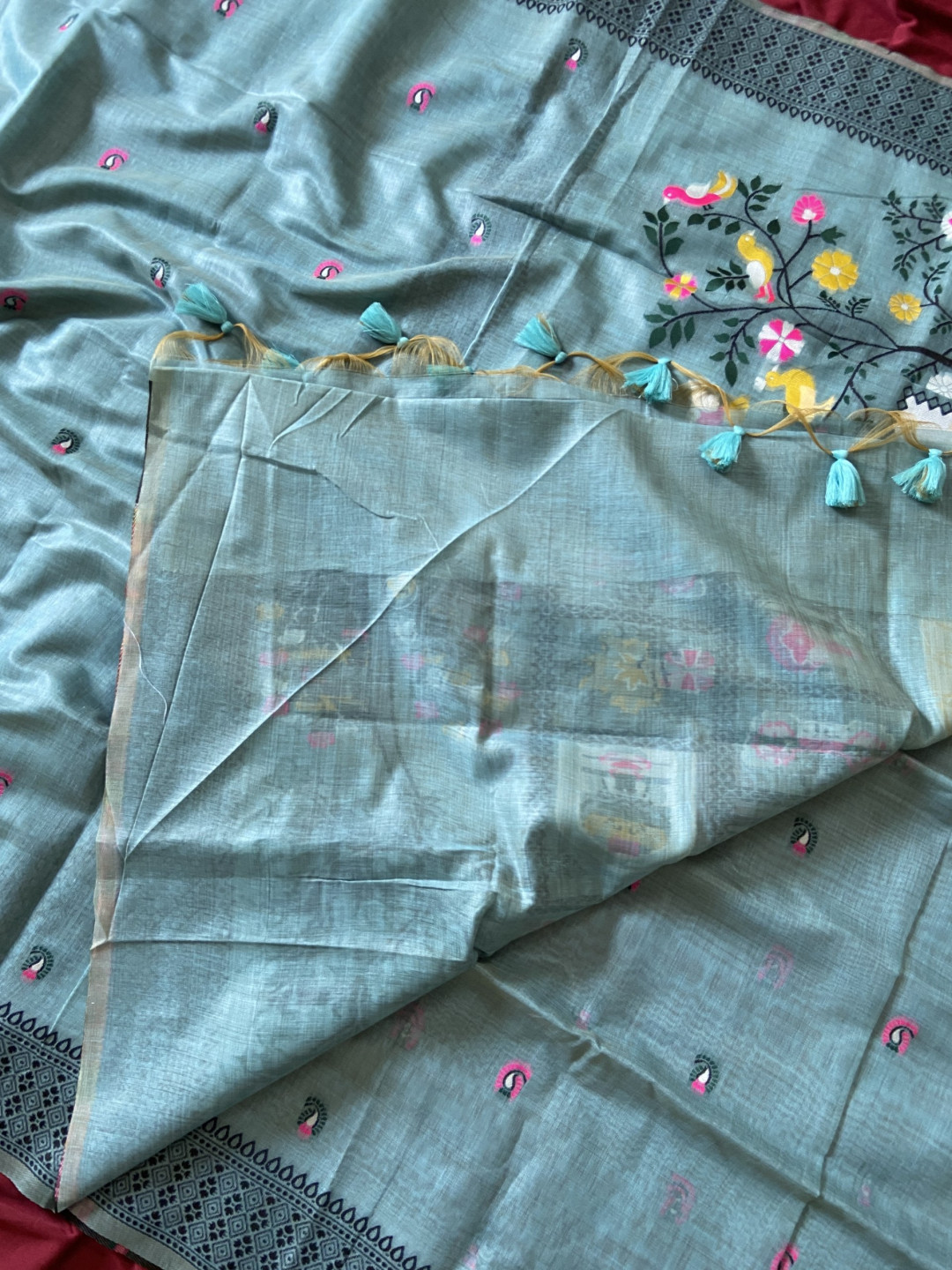 Sky Blue Muga Cotton Jamdani Saree with 3D Peacock Woven Pallu - Image 3