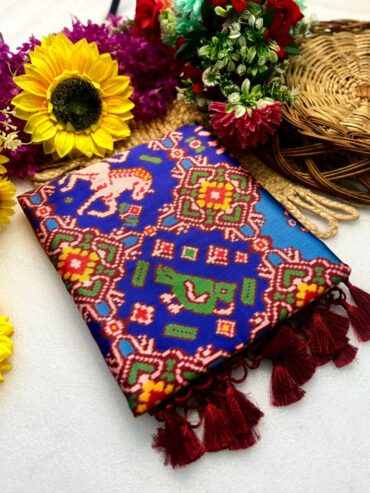 Royal Blue Handloom Patola Silk Saree with Zari Weaving Lagdi Patta Pallu and Tassels