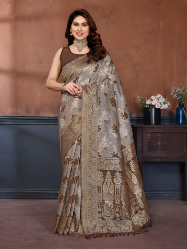 Brown Spun Cotton Saree with Beautiful Zari Weaving Work