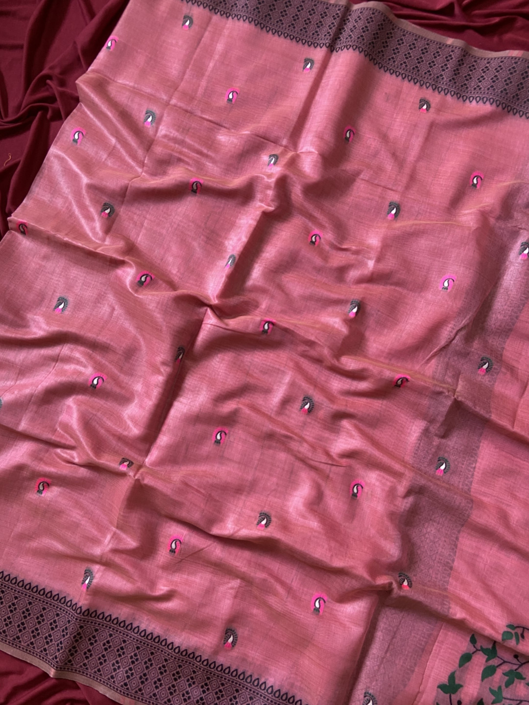 Pink Muga Cotton Jamdani Saree with 3D Peacock Woven Pallu - Image 3