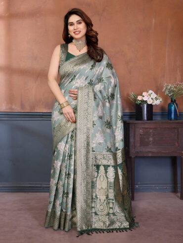 Dark Green Spun Cotton Saree with Beautiful Zari Weaving Work