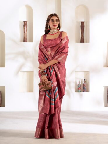 Dusty Pink Soft Dola Silk Saree with Foil Digital Print and Zari Border