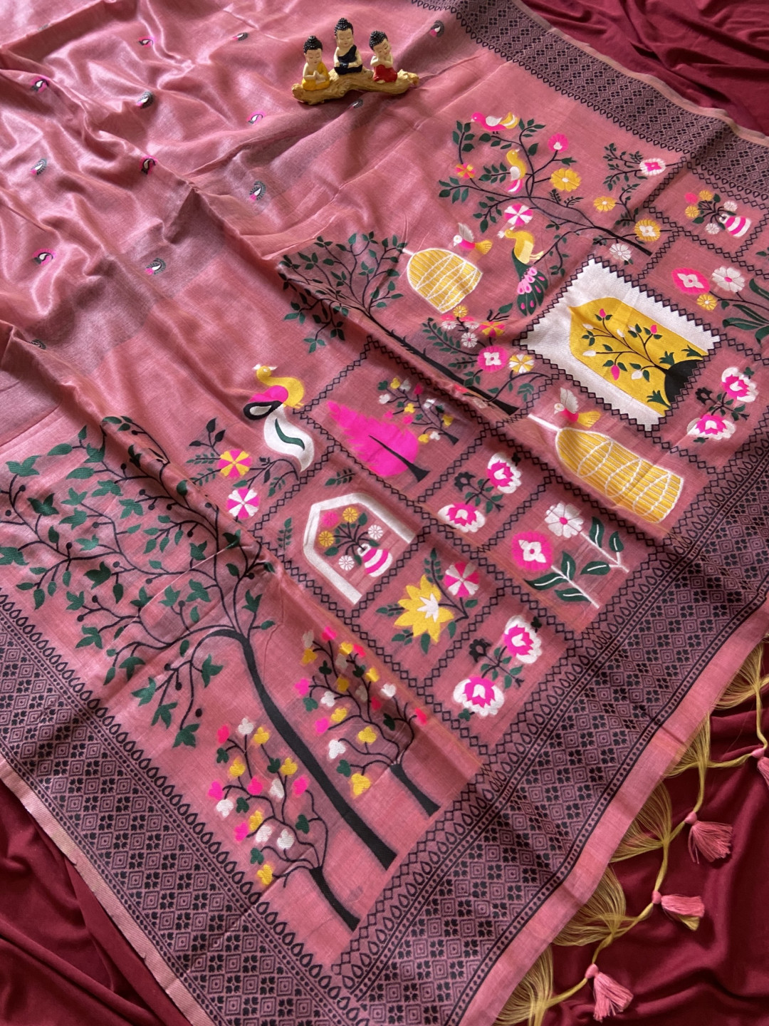 Pink Muga Cotton Jamdani Saree with 3D Peacock Woven Pallu - Image 4