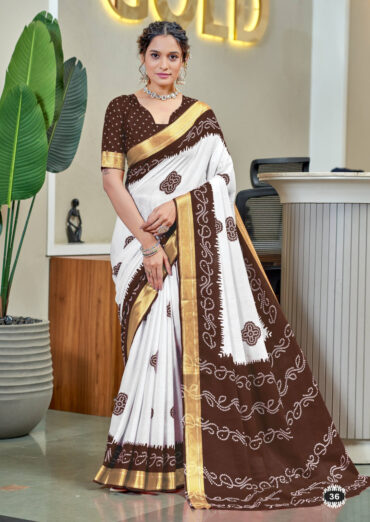 Brown Soft Pure Mulmul Cotton Saree with Bandhani Block Print and Zari Weaving Border