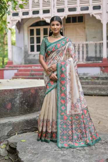Green Soft Tussar Silk Saree with Patola Printed Work