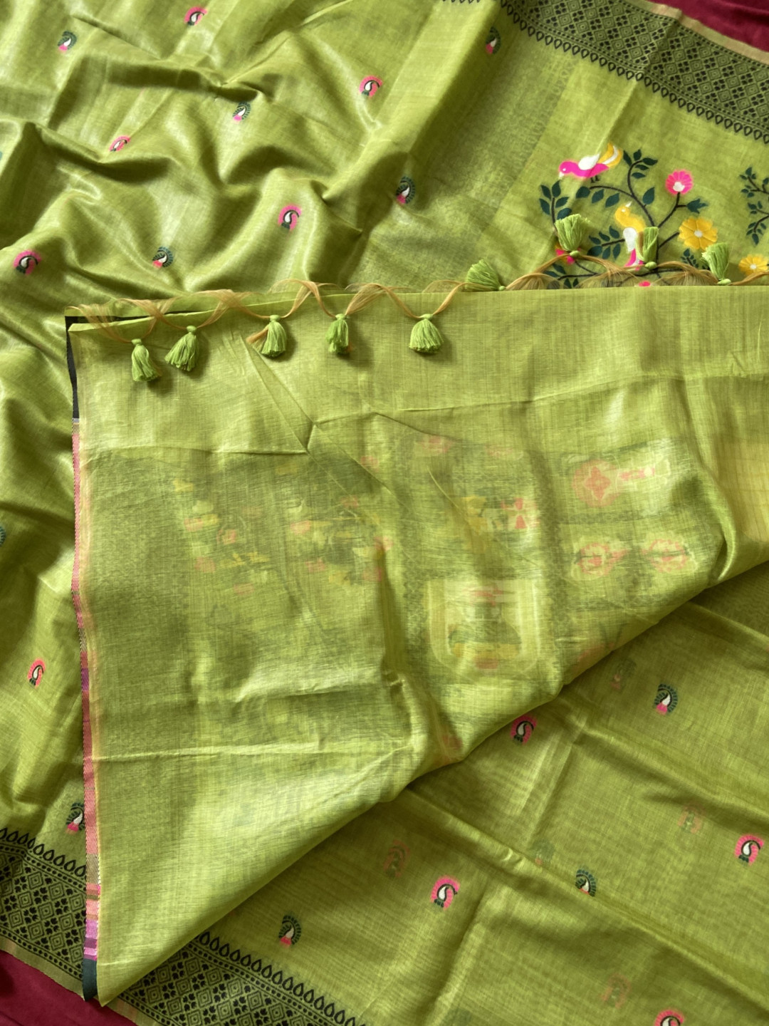 Green Muga Cotton Jamdani Saree with 3D Peacock Woven Pallu - Image 2