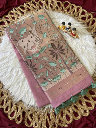 Premium Pink Muga Cotton Paithani Saree with Pichwai Zari Weaving Pallu