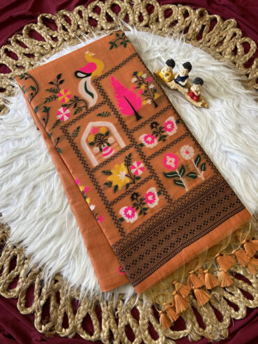 Orange Muga Cotton Jamdani Saree with 3D Peacock Woven Pallu