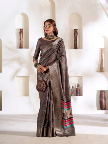 Grey Soft Dola Silk Saree with Foil Digital Print and Zari Border