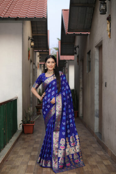 Blue Premium Bandhej Silk Saree with Matka Border Work
