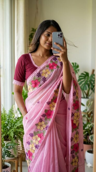 Premium Pink Kota Saree with Floral Embroidery Work and Crosio Lace Border Blouse