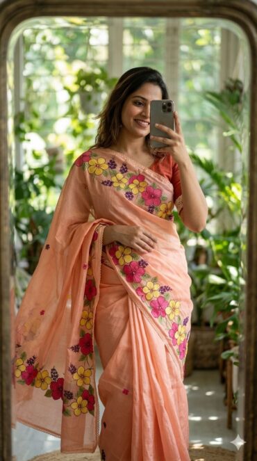 Premium Peach Kota Saree with Floral Embroidery Work and Crosio Lace Border Blouse