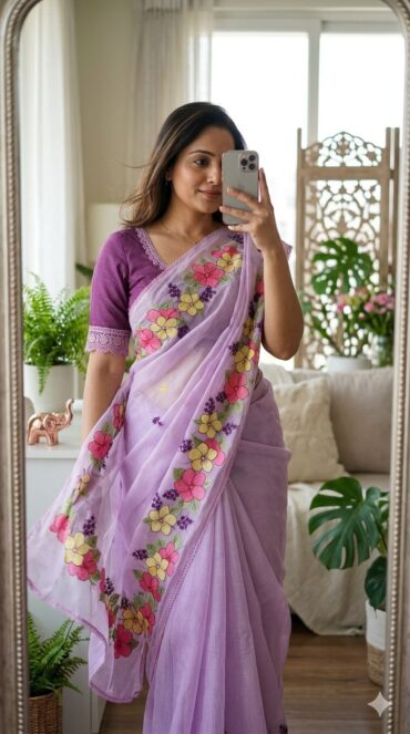 Premium Purple Kota Saree with Floral Embroidery Work and Crosio Lace Border Blouse