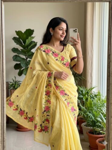 Premium Yellow Kota Saree with Floral Embroidery Work and Crosio Lace Border Blouse