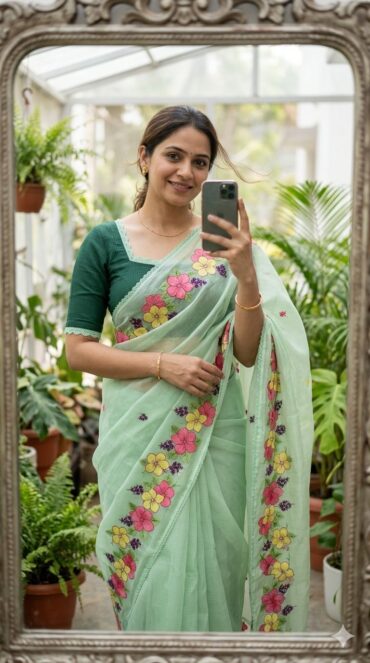 Premium Green Kota Saree with Floral Embroidery Work and Crosio Lace Border Blouse