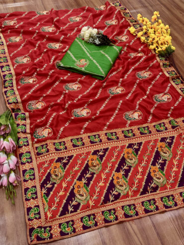Red Premium Dola Silk Panetar Saree with Embroidery and Diamond Work