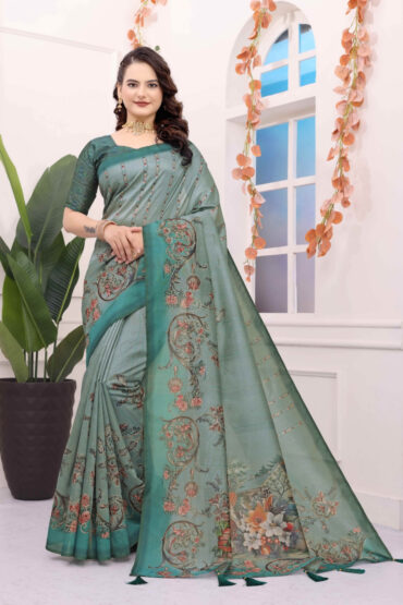 Green Kalamkari Printed Premium Tussar Silk Saree