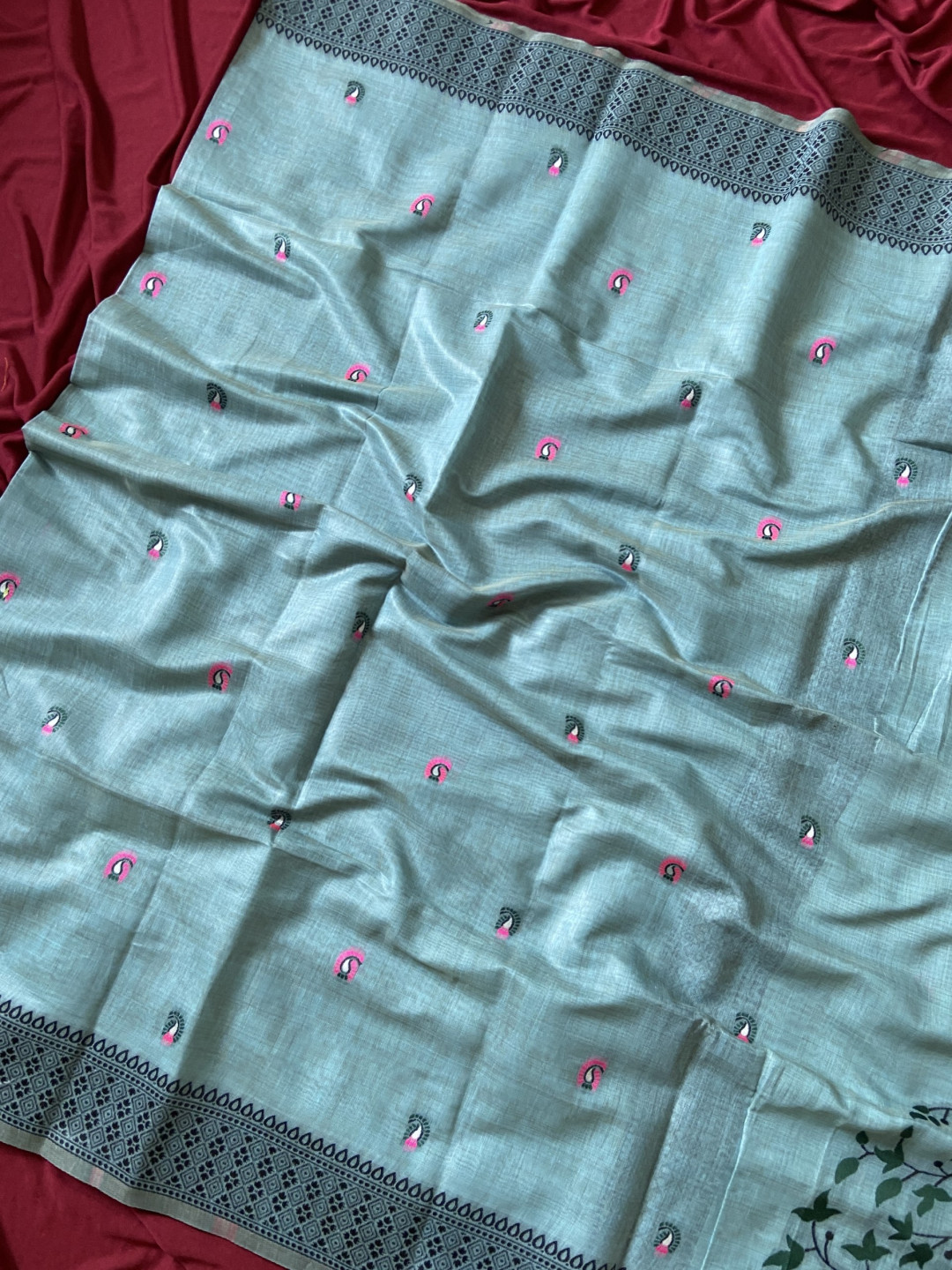 Sky Blue Muga Cotton Jamdani Saree with 3D Peacock Woven Pallu - Image 4
