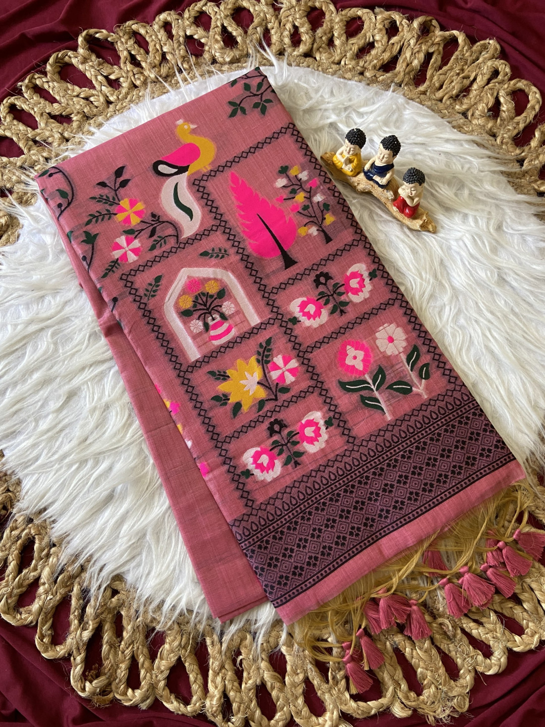 Pink Muga Cotton Jamdani Saree with 3D Peacock Woven Pallu