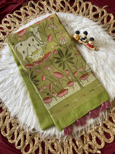 Premium Green Muga Cotton Paithani Saree with Pichwai Zari Weaving Pallu