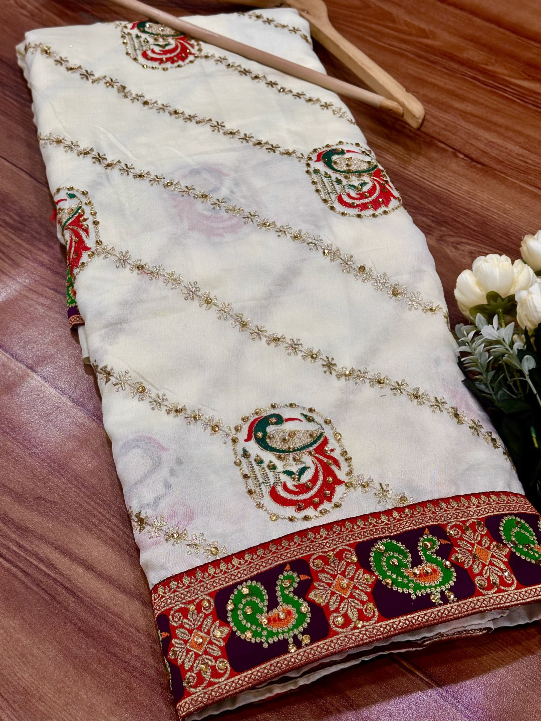 White Premium Dola Silk Panetar Saree with Embroidery and Diamond Work - Image 2