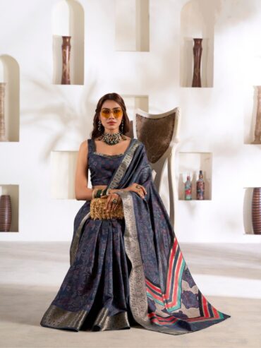 Blue Soft Dola Silk Saree with Foil Digital Print and Zari Border