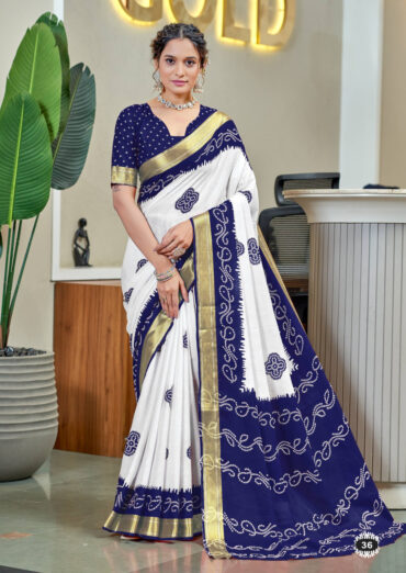 Blue Soft Pure Mulmul Cotton Saree with Bandhani Block Print and Zari Weaving Border