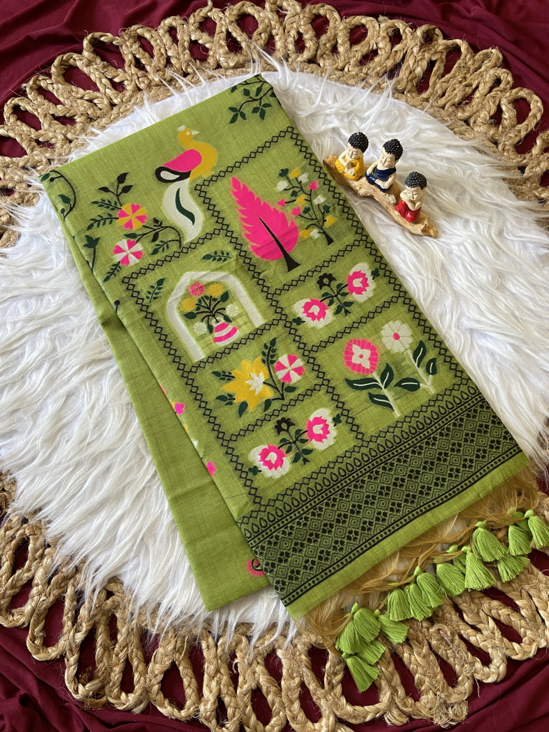 Green Muga Cotton Jamdani Saree with 3D Peacock Woven Pallu