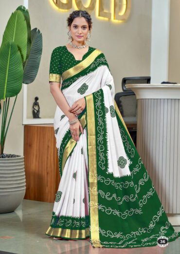 Green Soft Pure Mulmul Cotton Saree with Bandhani Block Print and Zari Weaving Border