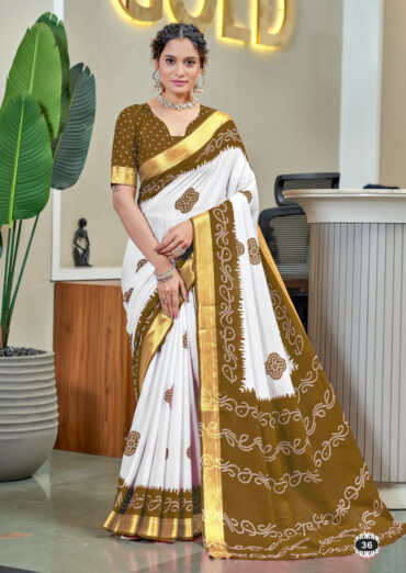 Light Brown Soft Pure Mulmul Cotton Saree with Bandhani Block Print and Zari Weaving Border