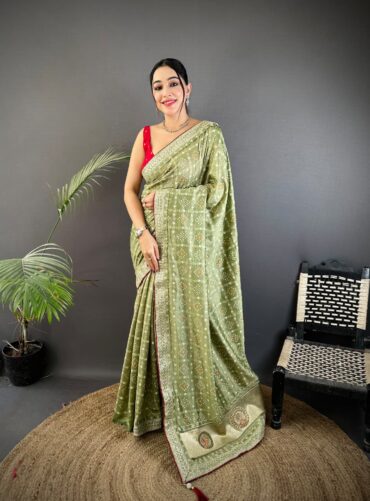 Mehendi Green Traditional Blooming Vichitra Khadi Bandhej Silk Saree with Sequence Work