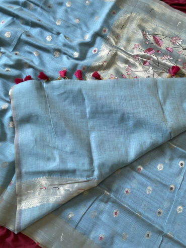 Premium Sky Blue Muga Cotton Paithani Saree with Pichwai Zari Weaving Pallu