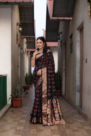 Black Premium Bandhej Silk Saree with Matka Border Work