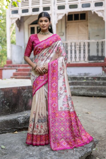 Pink Soft Tussar Silk Saree with Patola Printed Work