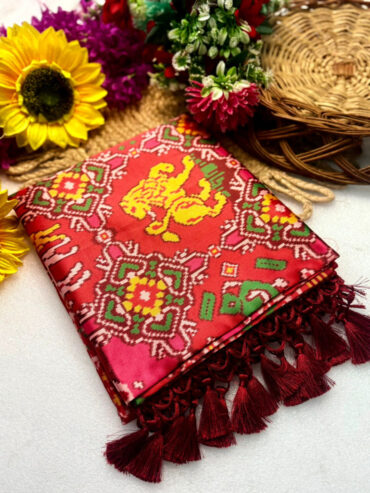 Red Handloom Patola Silk Saree with Zari Weaving Lagdi Patta Pallu and Tassels