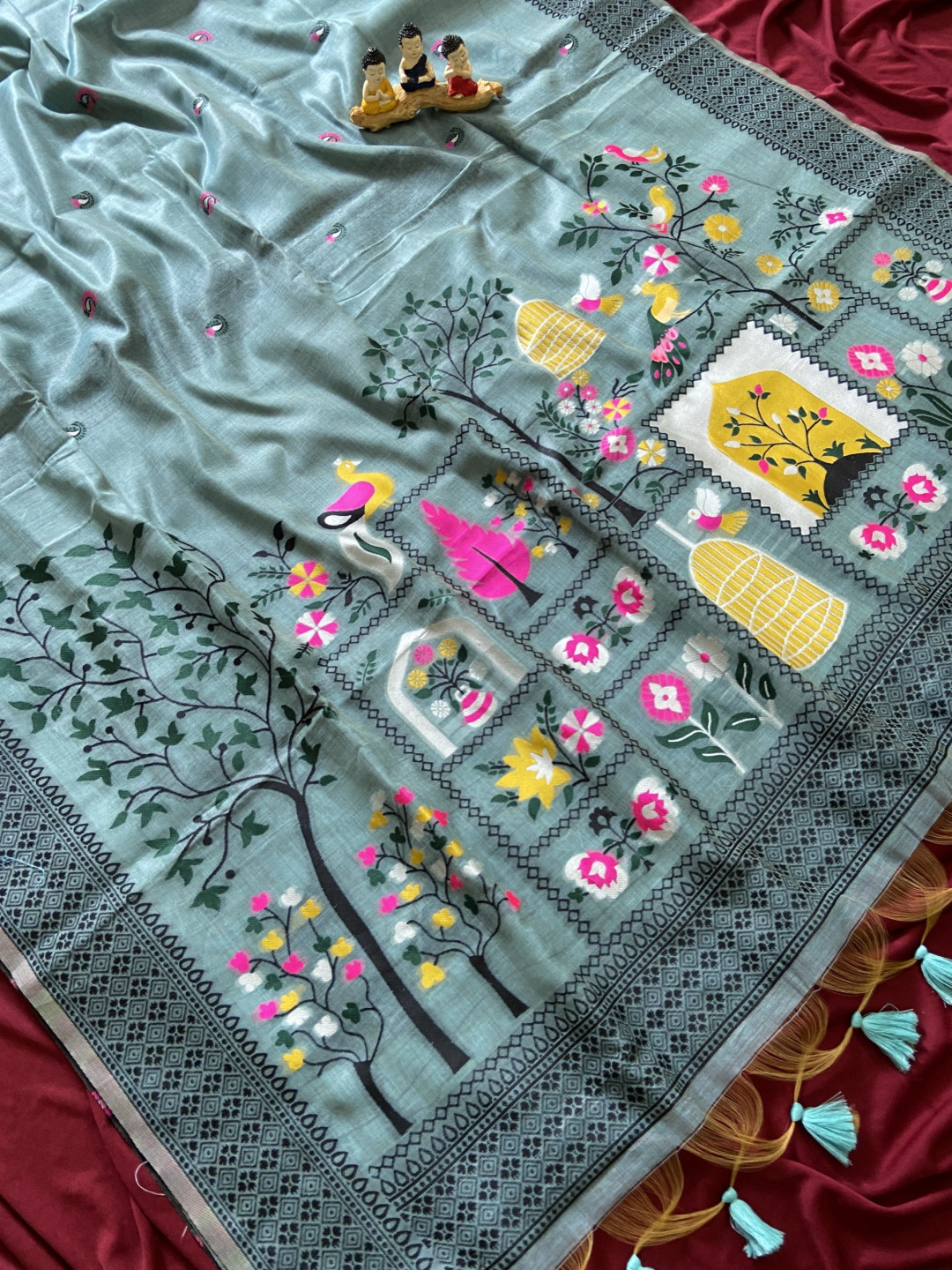 Sky Blue Muga Cotton Jamdani Saree with 3D Peacock Woven Pallu - Image 2
