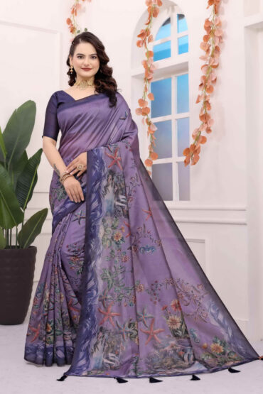 Lavender Kalamkari Printed Premium Tussar Silk Saree