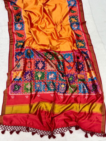 Yellow Handloom Patola Silk Saree with Zari Weaving Lagdi Patta Pallu and Tassels