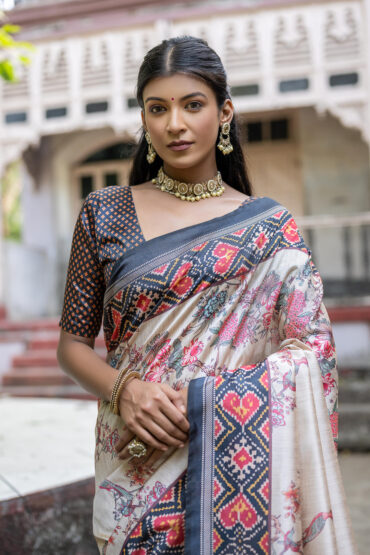 Black Soft Tussar Silk Saree with Patola Printed Work