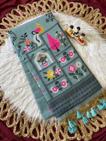 Sky Blue Muga Cotton Jamdani Saree with 3D Peacock Woven Pallu
