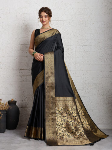Black Soft Kanchipuram Silk Saree with Zari Weaving Work