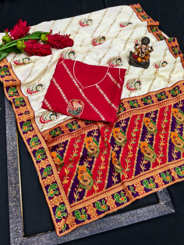 White Premium Dola Silk Panetar Saree with Embroidery and Diamond Work